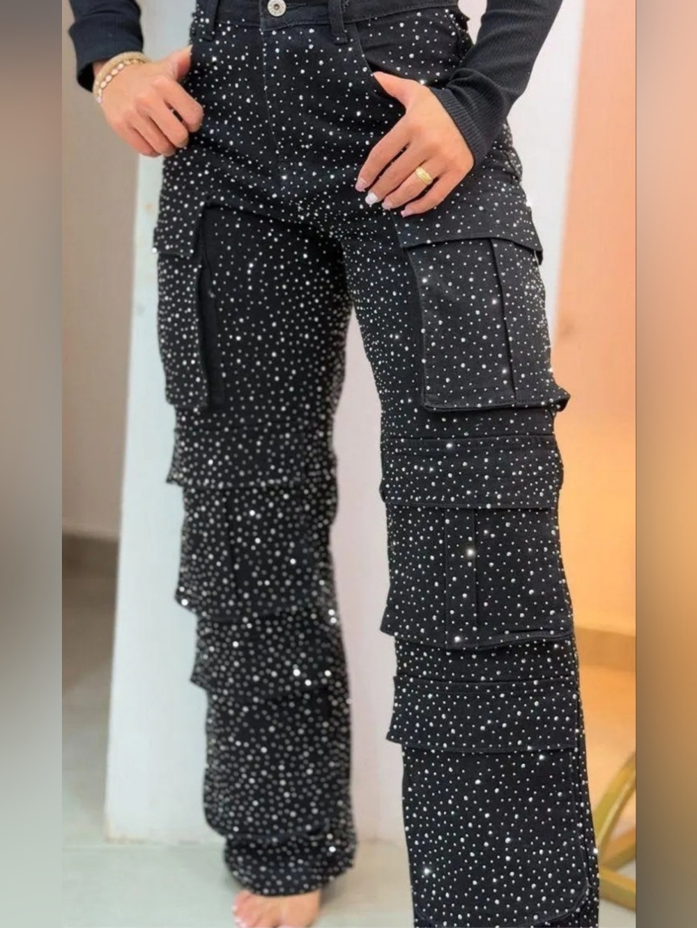 Black Sparkle Tiered Cargo Wide-Leg Pants